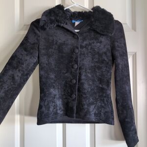 Vintage 90s black plush velour jacket with faux fur trim collar